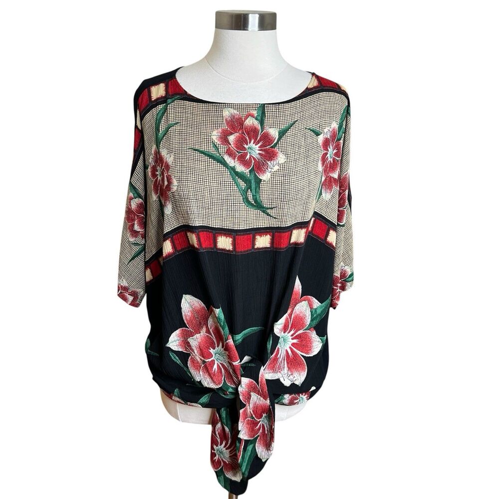 Karen Kane Vintage 90s Style Floral Tie Front Top Sz 8 Boho Artsy Dolman Blouse
